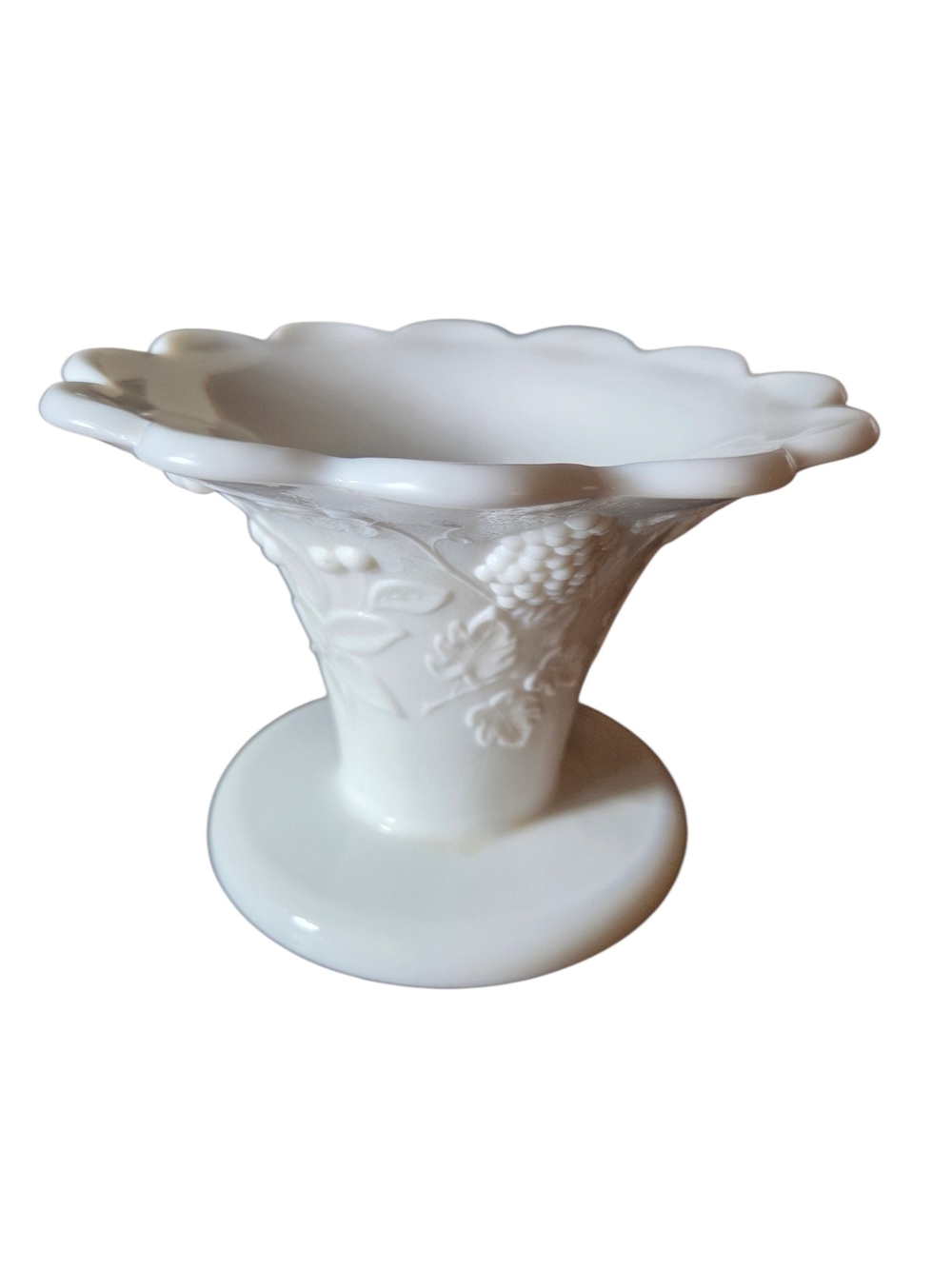 Westmoreland White Milk Glass Pedestal Vase with Grape Relief